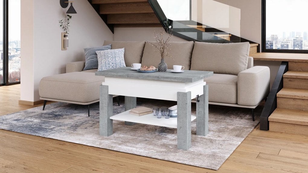 Mazzoni BRAWO Millenium Beton/Fehér - NYITHATÓ/MAGASÍTHATÓ DOHÁNYZÓASZTAL POLCCAL ÉTKEZŐASZTALKÉNT IS HASZNÁLHATÓ