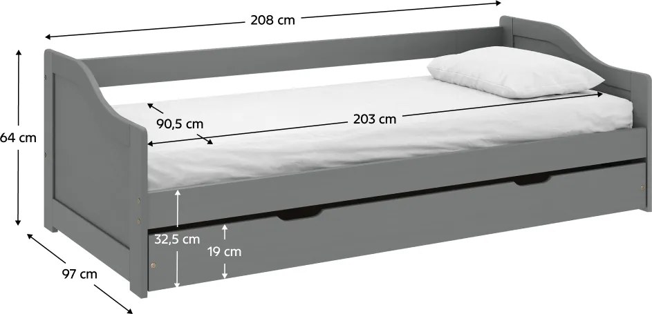 Ágy kihúzható pótággyal, szürke, tömörfa, 90x200, LAURA NEW