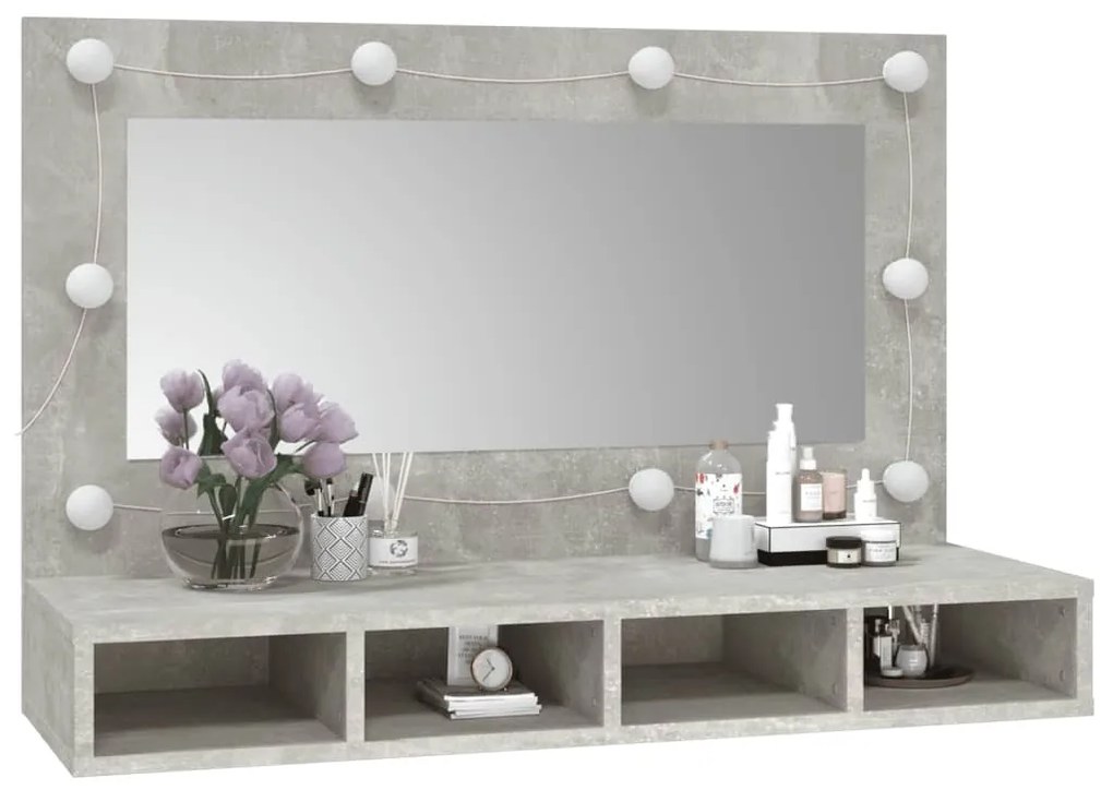 betonszürke tükrös szekrény LED-ekkel 90 x 31,5 x 62 cm