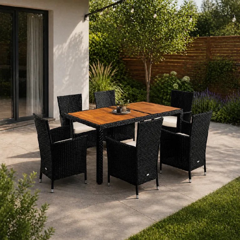 Deuba Berlin 1+6 polyrattan kerti bútor szett - fekete/fa