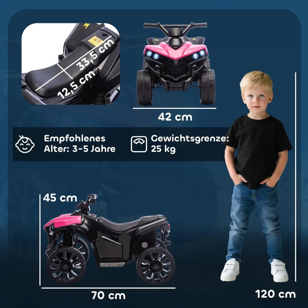 AIYAPLAY Kids Quad Elektromos 6V-os kids quad előre- és hátramenet funkcióval, zenével, LED fényszórókkal, rózsaszín