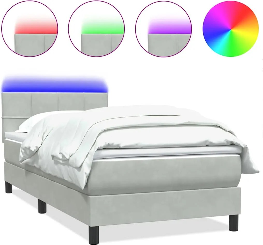 vidaXL világosszürke bársony rugós és LED-es ágy matraccal 90x220 cm