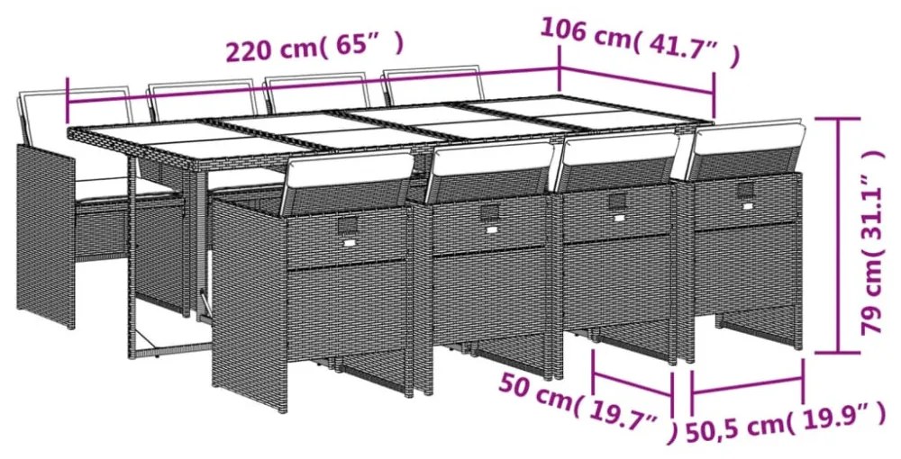 9részes világosszürke polyrattan kerti étkezőgarnitúra párnával