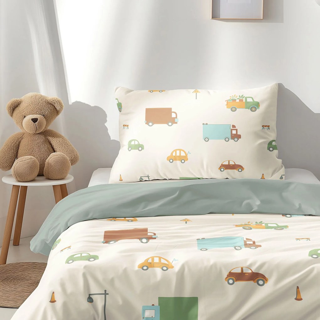 Goldea gyermek pamut ágyneműhuzat duo - az autók világa, zsálya színű hátoldal 150 x 200 és 50 x 60 cm
