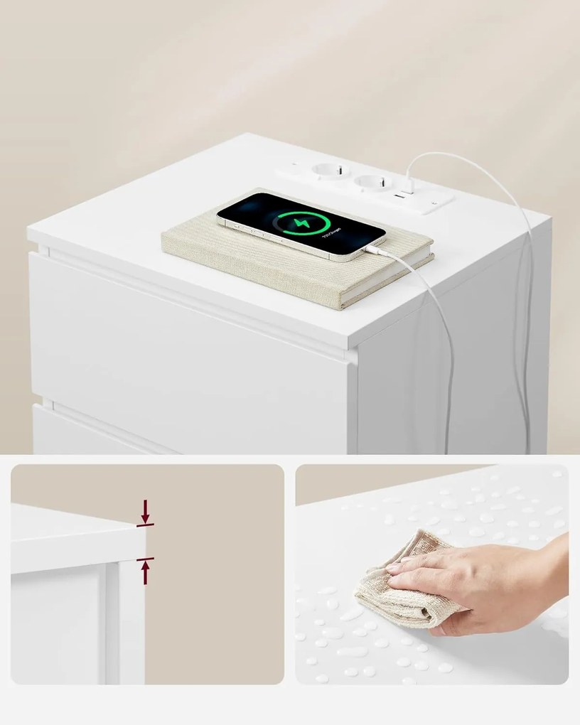 Éjjeliszekrény 2 darabos szett, 2 hálózati aljzattal és 2 usb-porttal, fehér színben