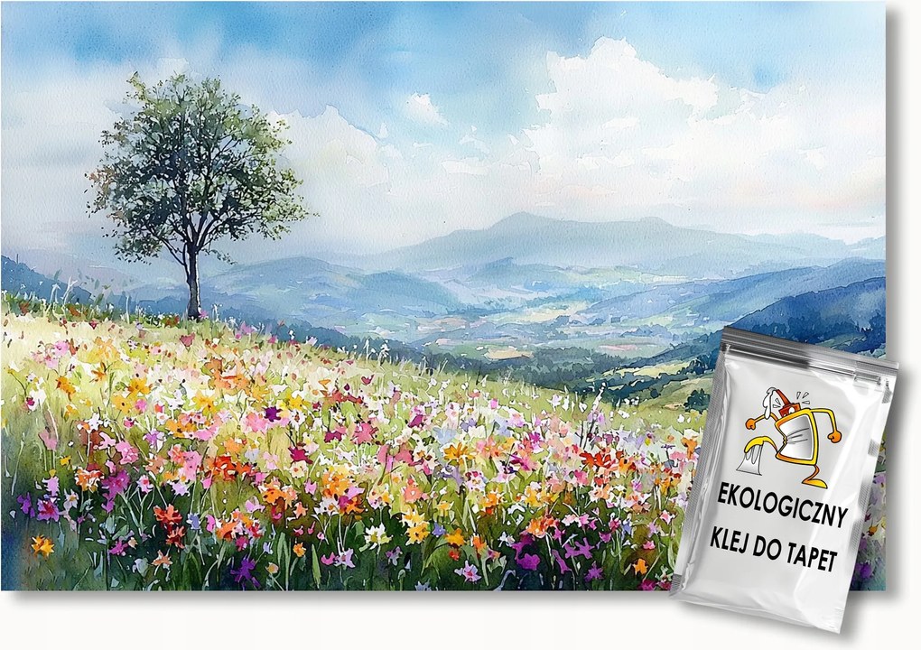 Fotótapéta Flizelina Tavasz Nyár Hegyek Rét Virágok Fa 100x75 ragasztó
