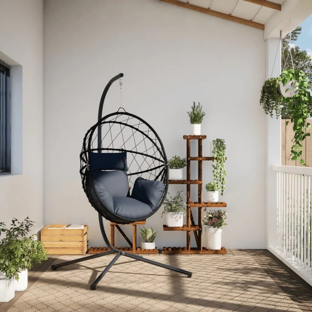 antracitszürke rattan és acél függő kagylószék állvánnyal