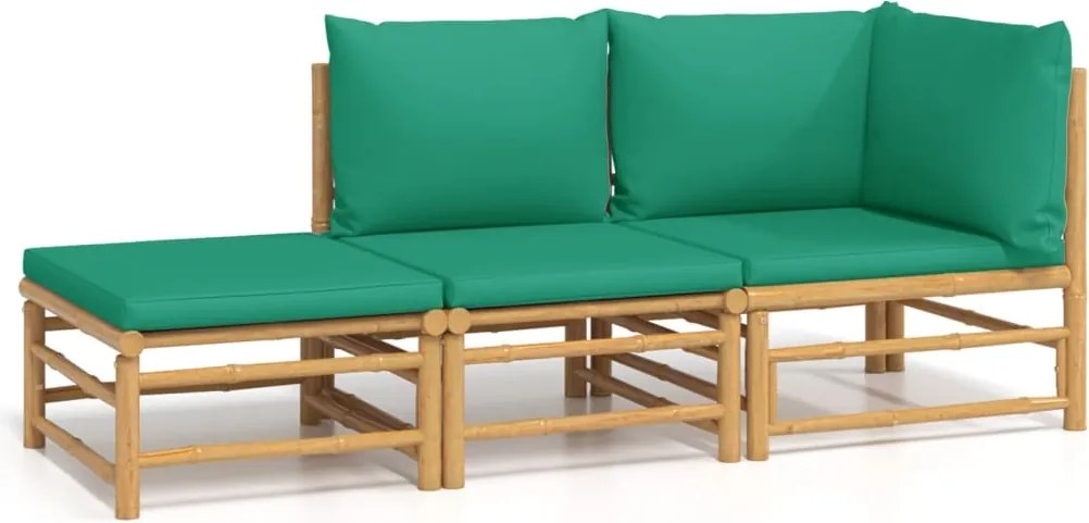 vidaXL 3 részes bambusz kerti ülőgarnitúra zöld párnákkal