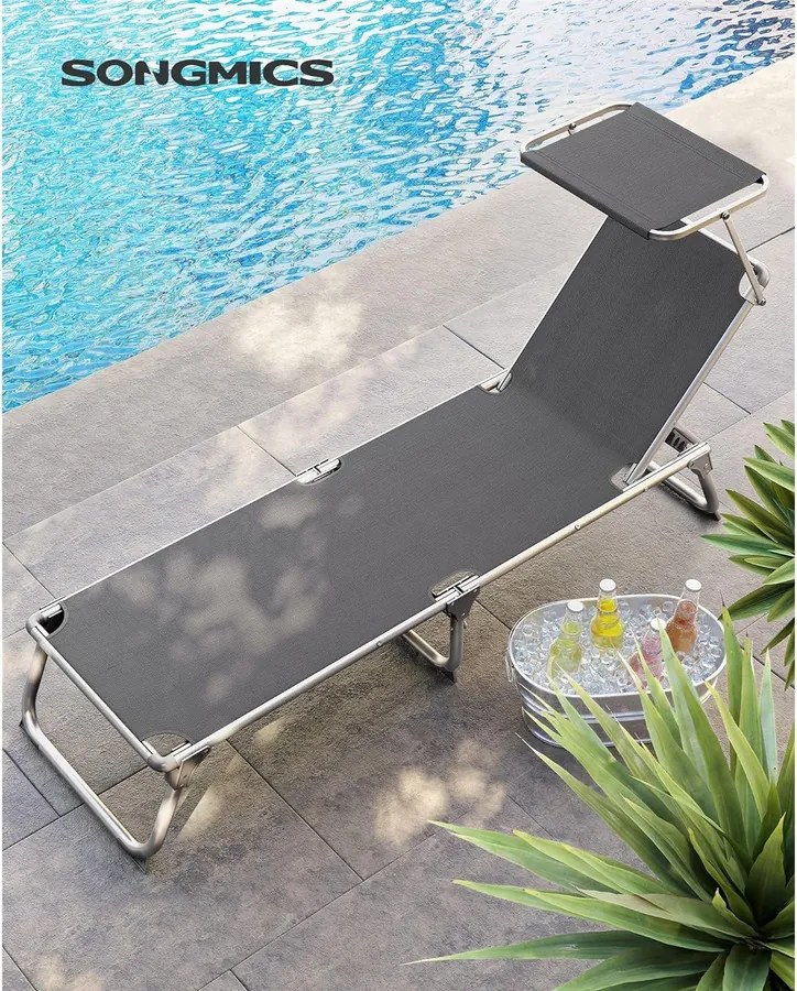 Napozóágy 55x193x31 cm, állítható napozóágy napellenzővel, füstszürke