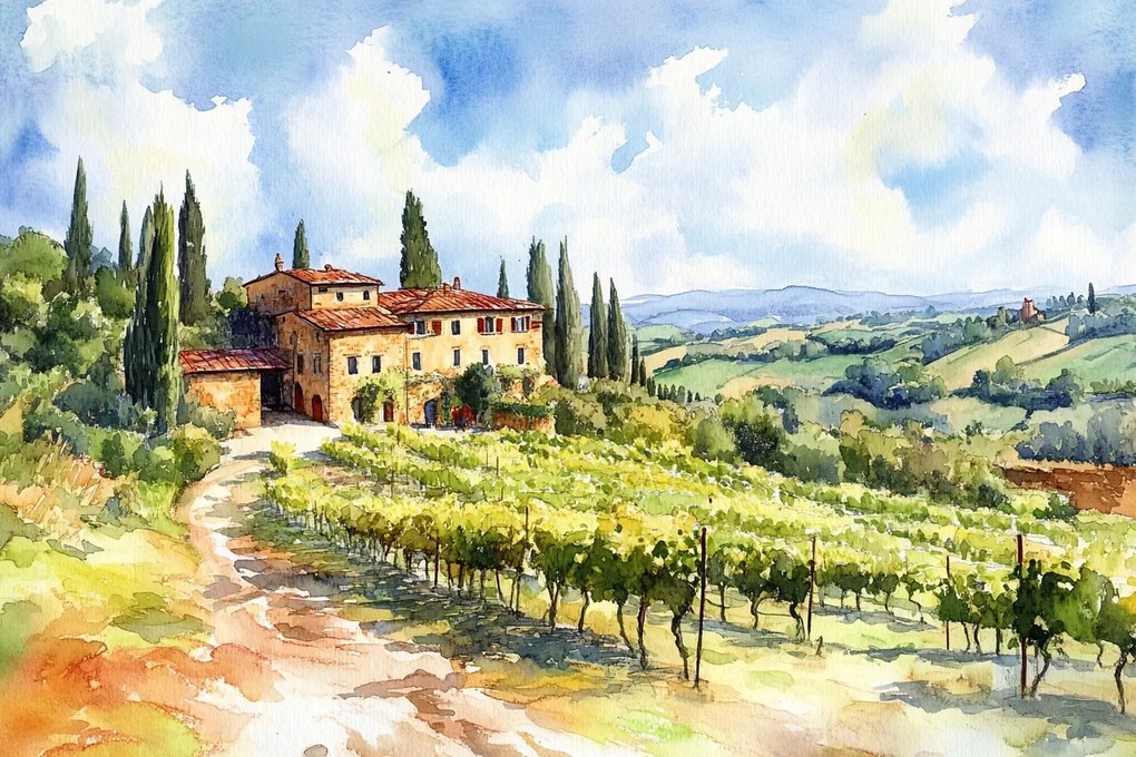 Fotótapéta Flizelina Kilátás Olaszország Toszkána Szőlő 416x290 ragasztó