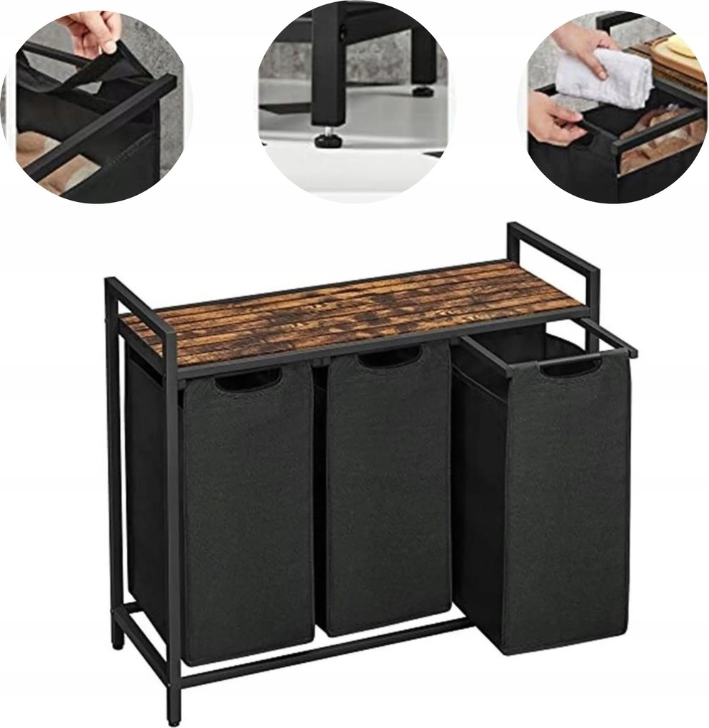 Szennyestartó kosár álló 3 rekeszes loft barna rusztikus fekete Vas