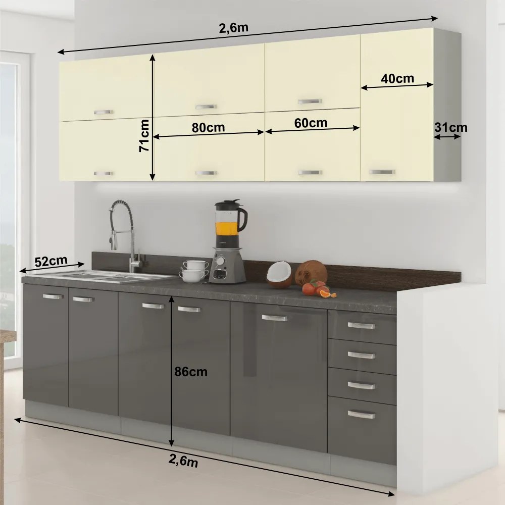 konyhabútor, szürke/bézs, extra magas fényű, PRADO