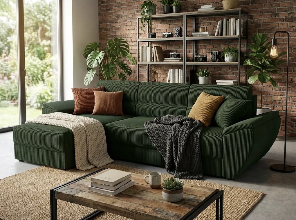 Ágyazható, kétoldalas ülőgarnitúra L alakú TAVERO 251x140 cm, sötétzöld