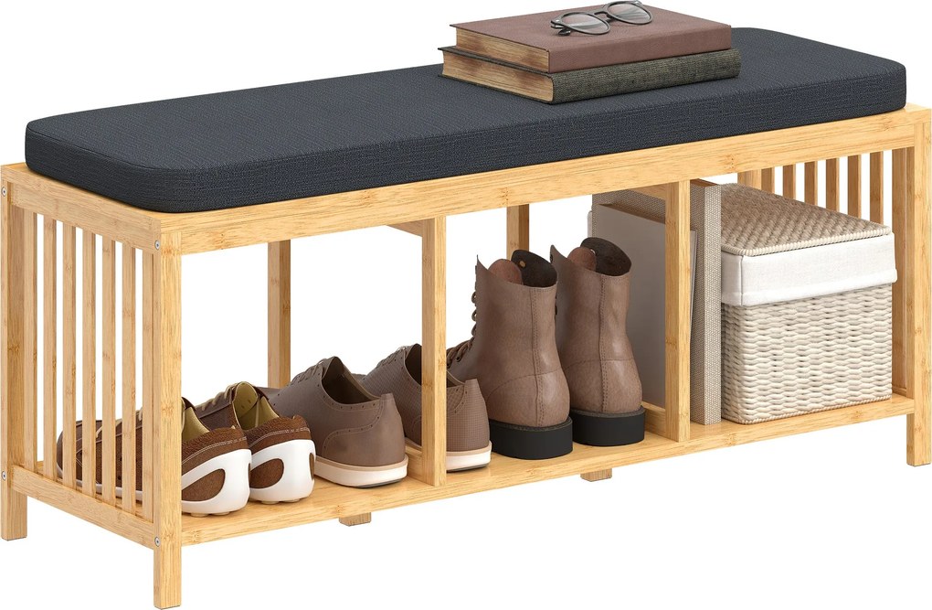 HOMCOM bambusz cipőpad párnázott ülőkével és nyitott polccal – 102 x 33 x 45 cm | Aosom