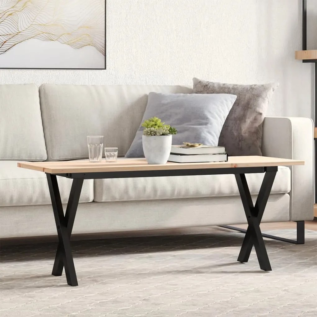 Tömör fenyőfa és acél dohányzóasztal X-vázzal 110x40x45 cm