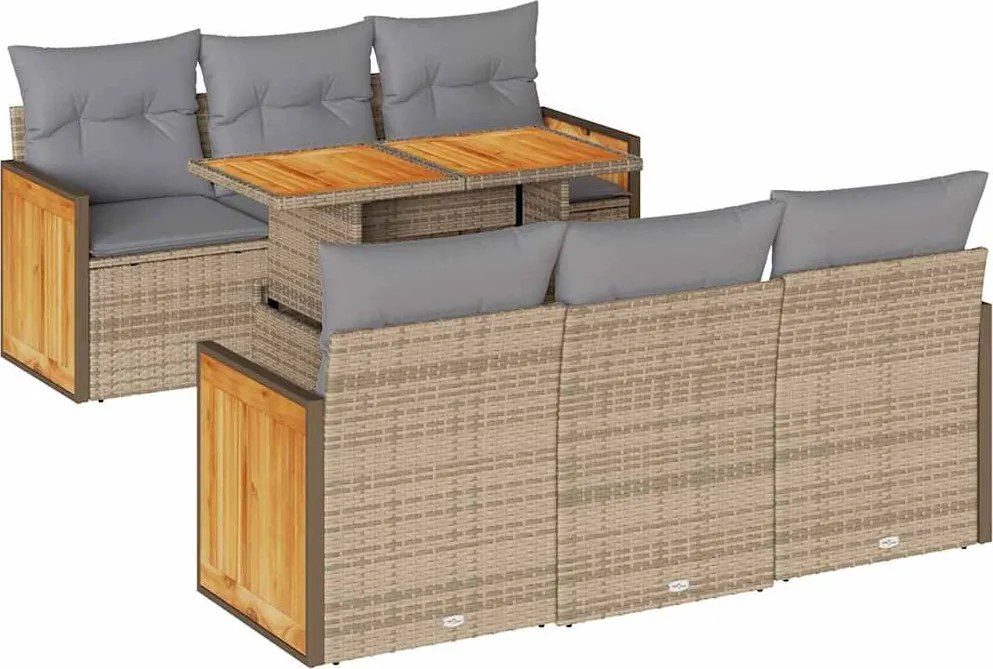 vidaXL 7 részes bézs polyrattan akácfa kerti ülőgarnitúra párnákkal