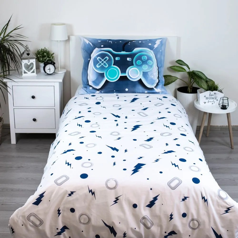 Fehér-kék egyszemélyes pamut gyerek ágyneműhuzat 140x200 cm Game over – Jerry Fabrics