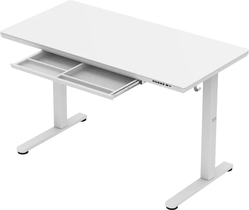 Állítható magasságú íróasztal, 120 x 60 cm, fejhallgatótartóval, üveglappal fehér