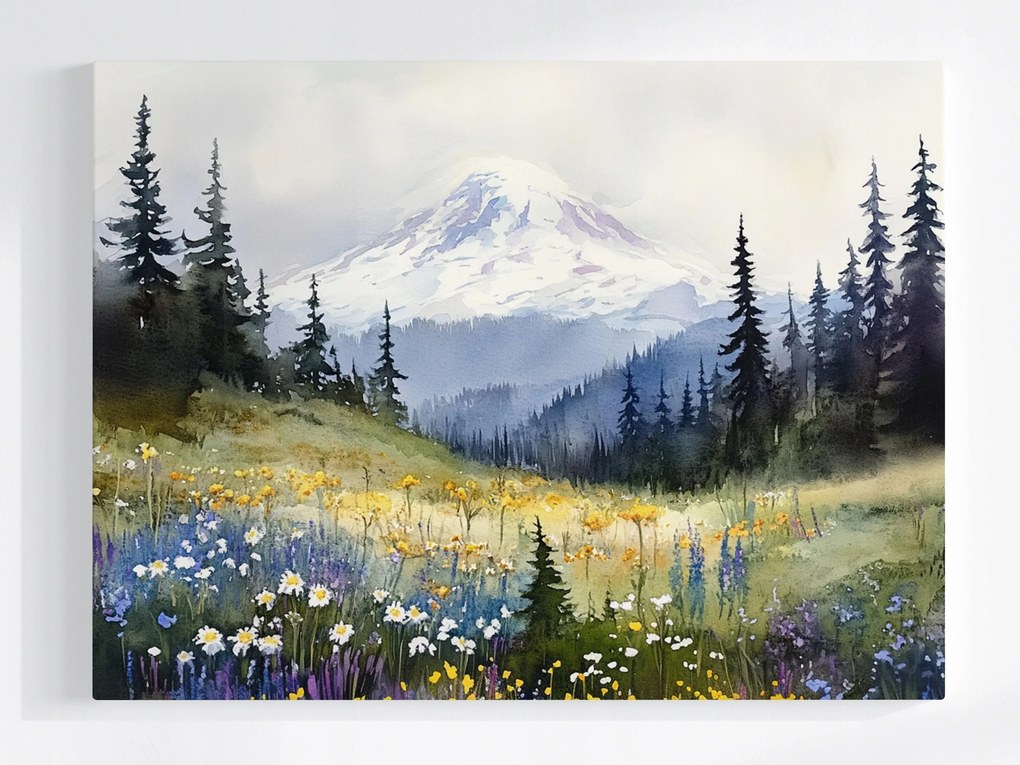 Vászonkép Canvas Tájkép Hegyek Hó Erdő Tisztás Virágok Tavasz 100x75