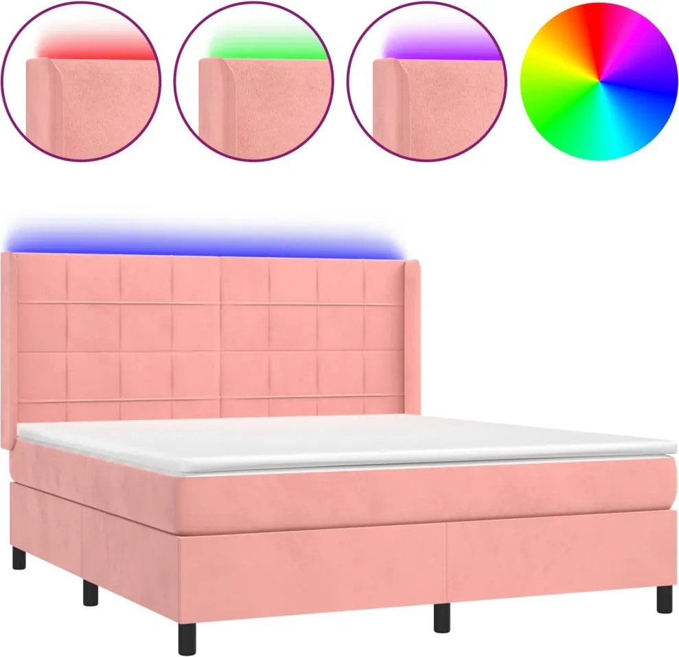 vidaXL rózsaszín bársony rugós és LED-es ágy matraccal 160x200 cm