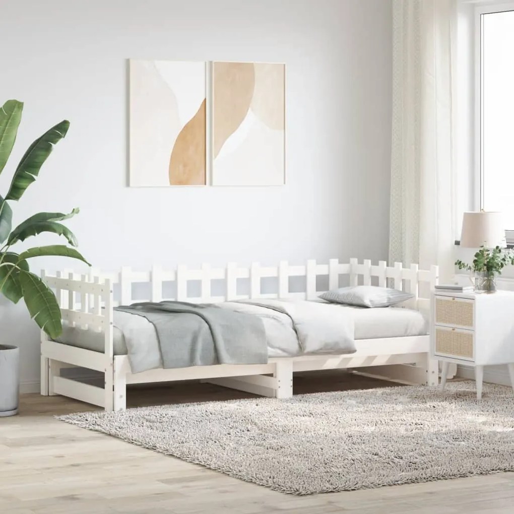 fehér tömör fa kihúzható nappali ágy matrac nélkül 2x(90x190)cm