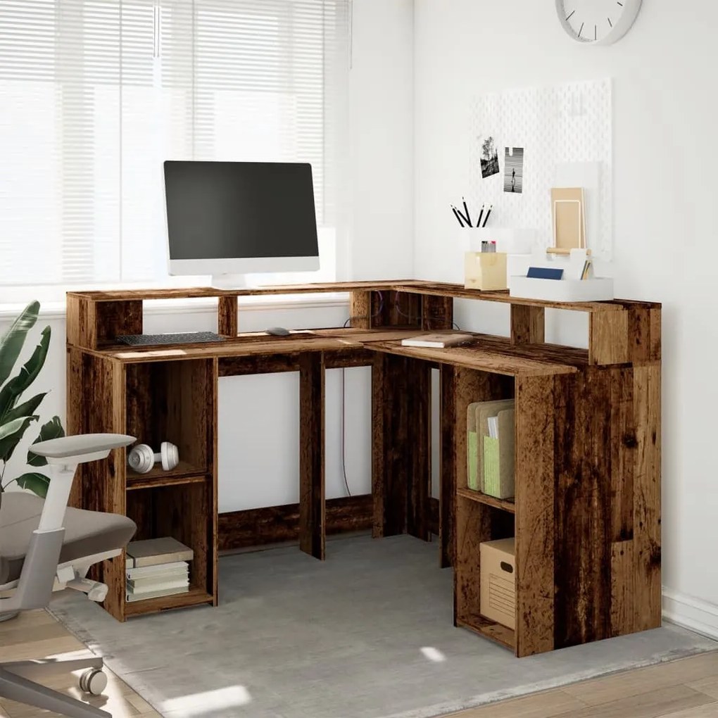 antik fa színű szerelt fa íróasztal LED-ekkel 130 x 130 x 91 cm