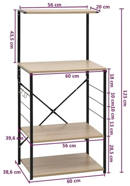 Intenso Home 4 szintes konyhai tároló polc 60 x 123cm, sonoma tölgy | Univerzális tároló állvány fém lábakkal
