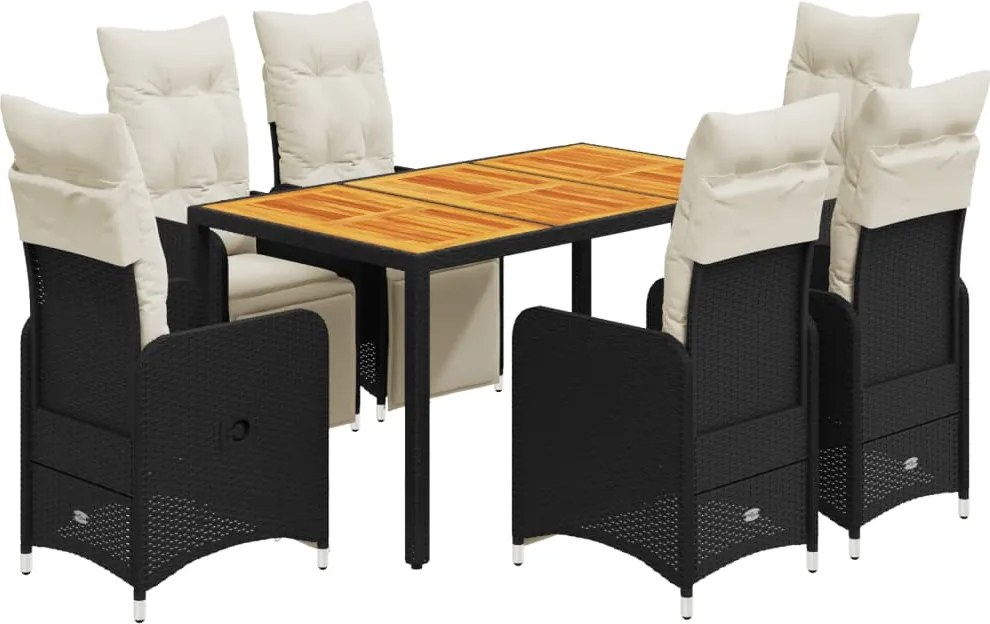 vidaXL 7 részes fekete polyrattan kerti bisztrógarnitúra párnákkal