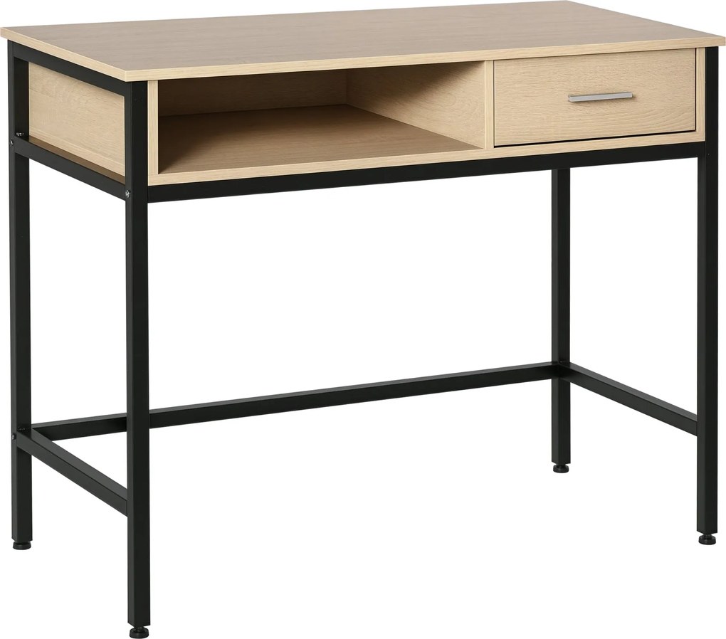 HOMCOM Ipari Íróasztal Tárolóval, Fiókkal, Fémvázas, Fekete Tölgyfa Asztallap | Aosom