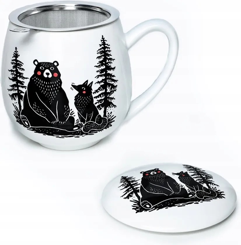 Fehér porcelán bögre befőzővel és fedéllel maci és róka erdő motívum