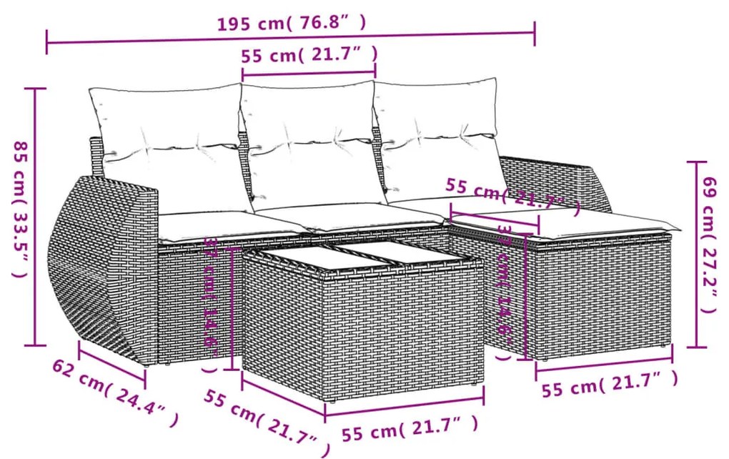 5 részes bézs polyrattan kerti ülőgarnitúra párnákkal