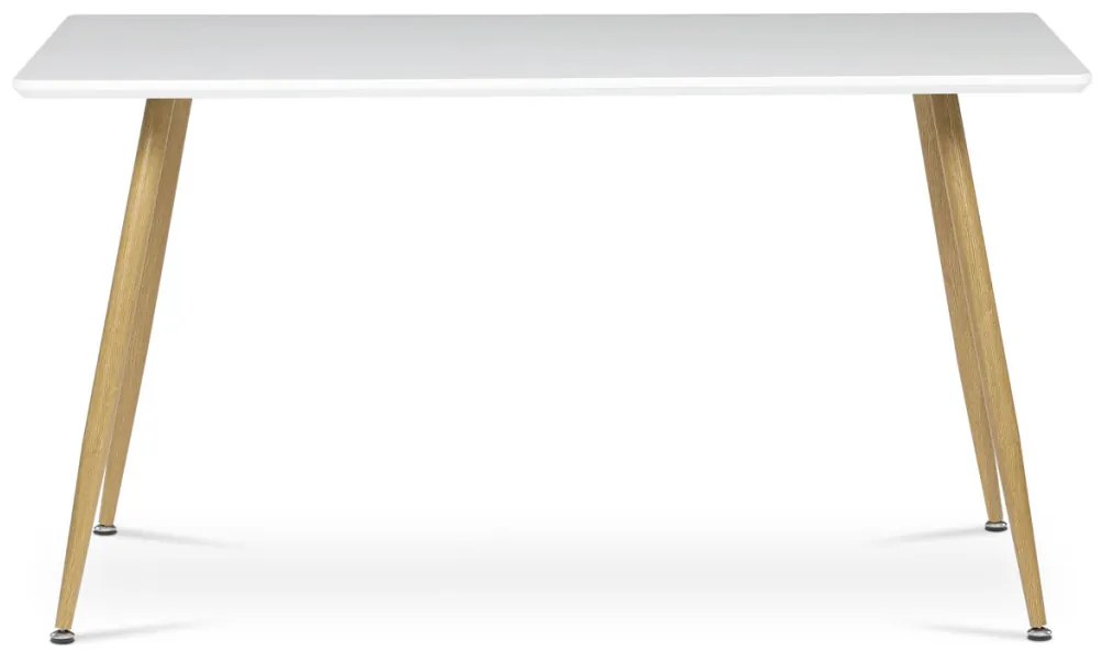 Masă de sufragerie 140x80, MDF, blat alb mat, picioare metalice de culoare stejar