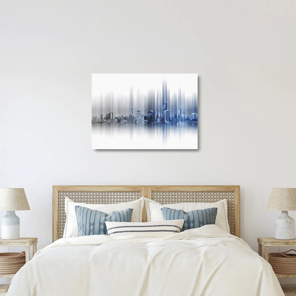 Kép - Panoráma a városra, kék-szürke (üvegen) (70x50 cm)