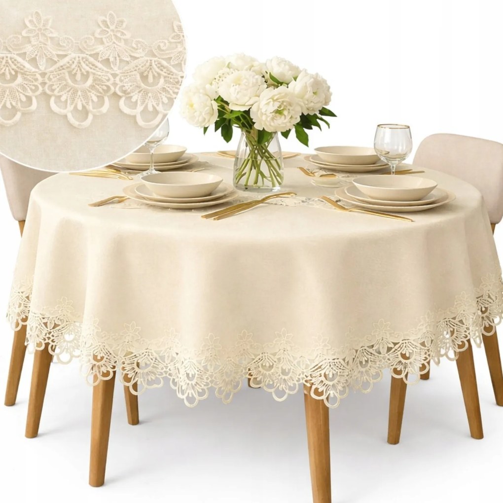 Abrosz Ecru foltálló kerek asztal gipiurával 200x200 Kerék krémszínű