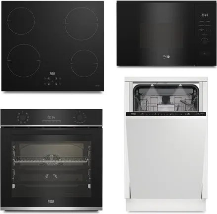 Beko Akciós készülékszett - beépíthető sütő BBIR13300XC + indukciós főzőlap HII64401QT + mosogatógép BDIS38040A + mikrohullámú sütő BMGB20212B