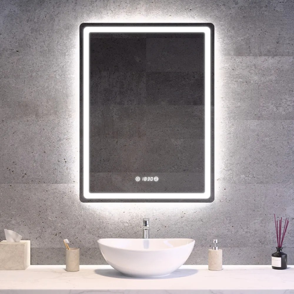 Álló fürdőszobai LED tükör 60x80cm | Páramentesítő - Óra - Fényerő és színhőmérséklet szabályozás | Welland Type20V