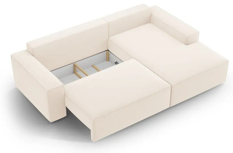 Bézs bársony kinyitható-tárolóhelyes sarokkanapé (jobb oldali-heverő résszel) Jodie – Micadoni