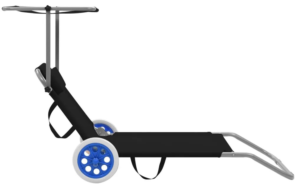 Fekete acél összecsukható napozóágy napellenzővel és kerékkel