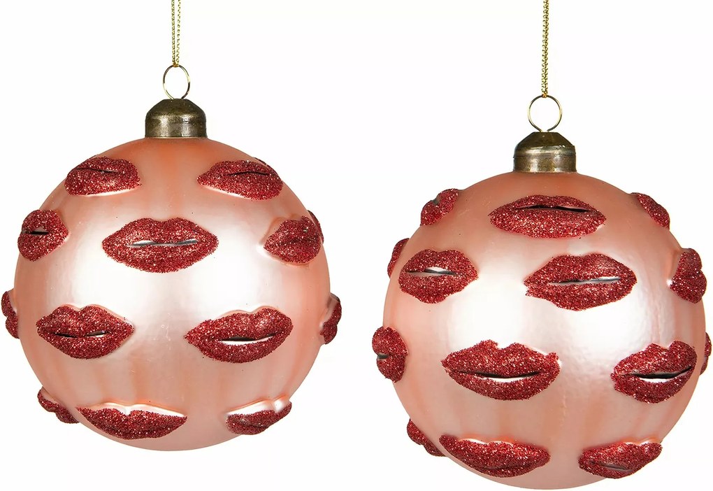 Üveggömbök Rózsaszín Száj Kerek 10cm karácsonyfa medál 2 db