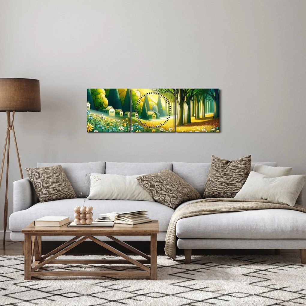 Kép - Falu sárga-zöld színekben (órával) (90x30 cm)