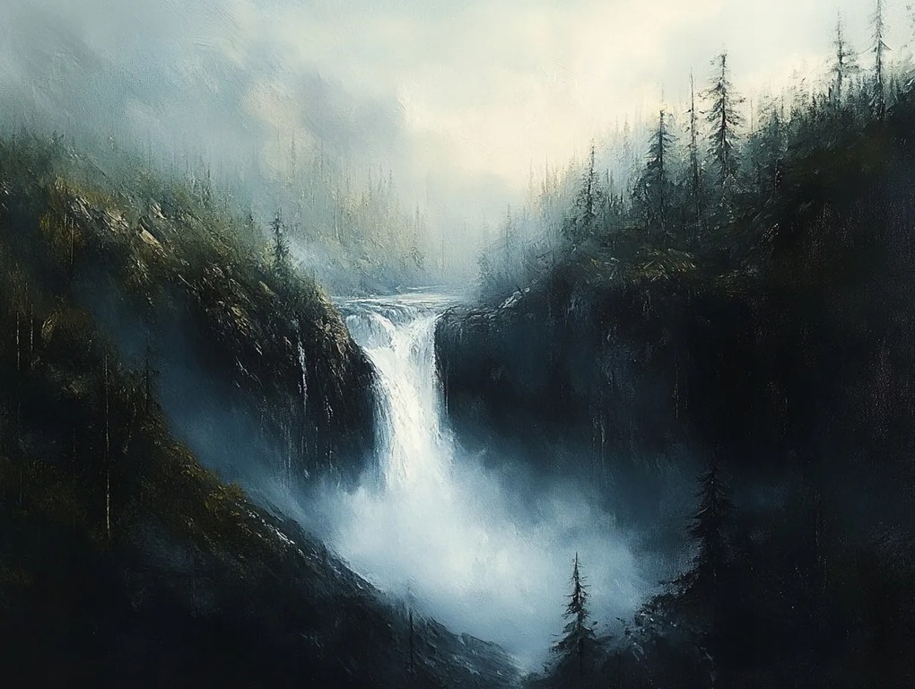 Vászonkép Canvas Tájkép Hegyek Erdő Vízesés Folyó Sötét Természet 100x75