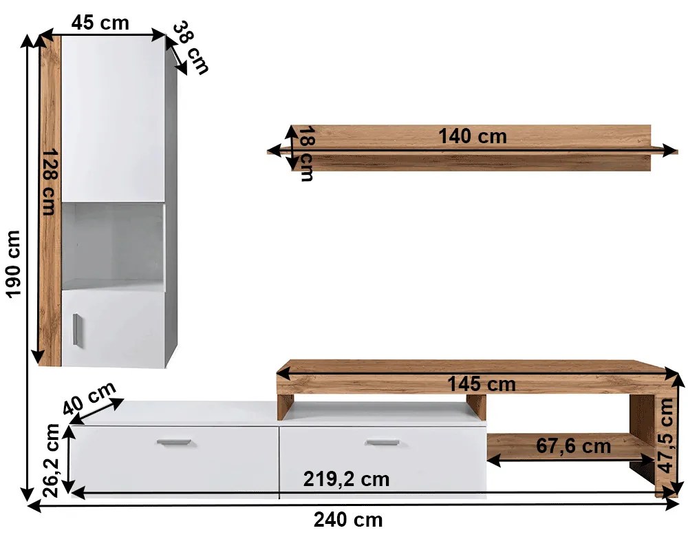 Nappali fal/szekrénysor, wotan tölgy/fehér, ALUBA