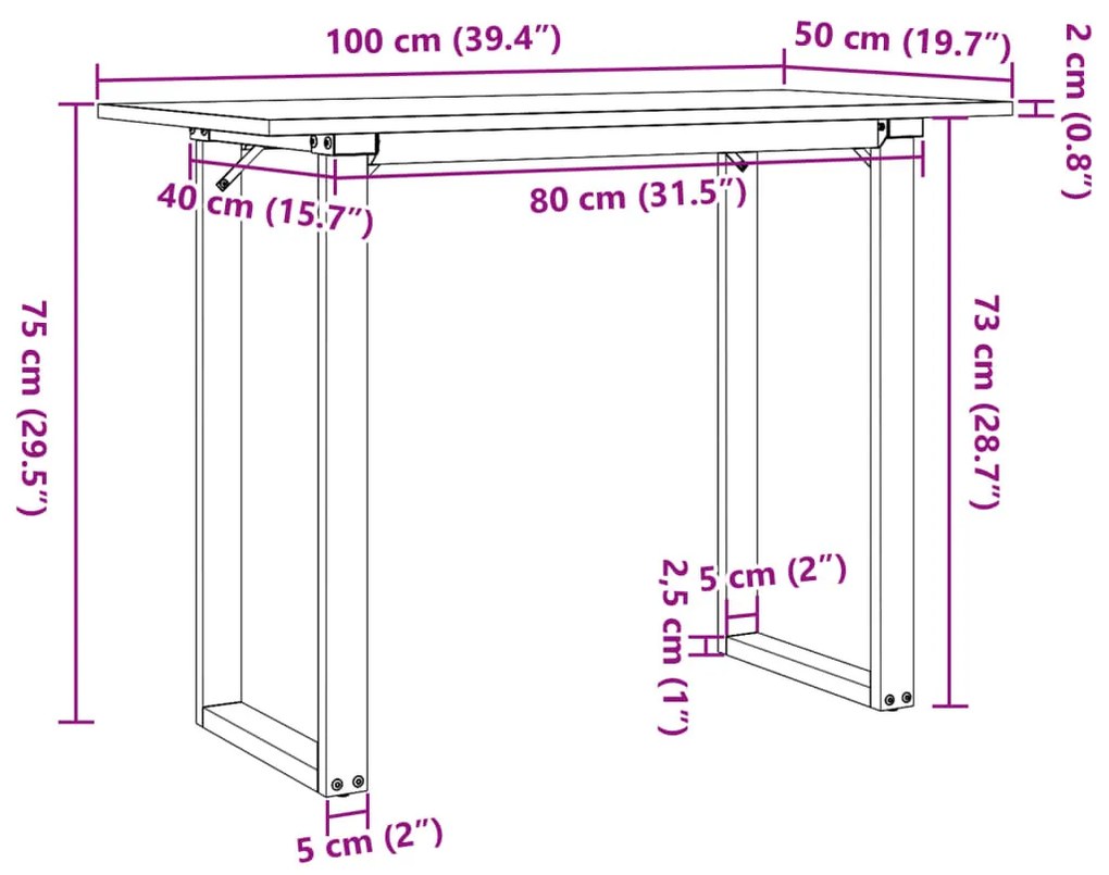tömör fenyőfa és acél étkezőasztal O-vázzal 100x50x75 cm