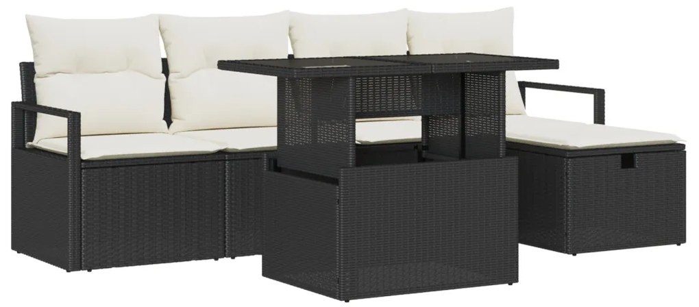 6 Részes Kert Kanapésor Párnával Fekete Poli Rattan, 2-Személyes Kert Kanapé Párnával Fekete Poli Rattan