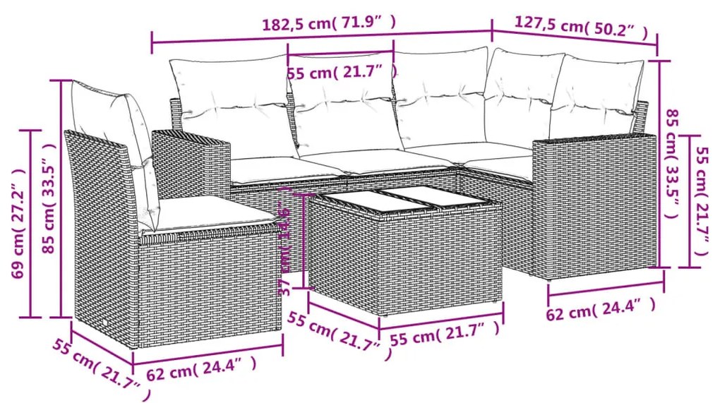 6 részes barna polyrattan kerti ülőgarnitúra párnával