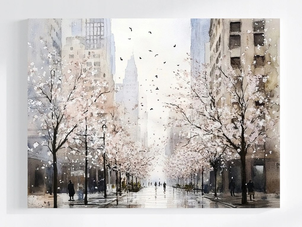 Vászonkép Canvas Városi Sikátor Fehér Virágok Felhőkarcolók Akvarell 100x75