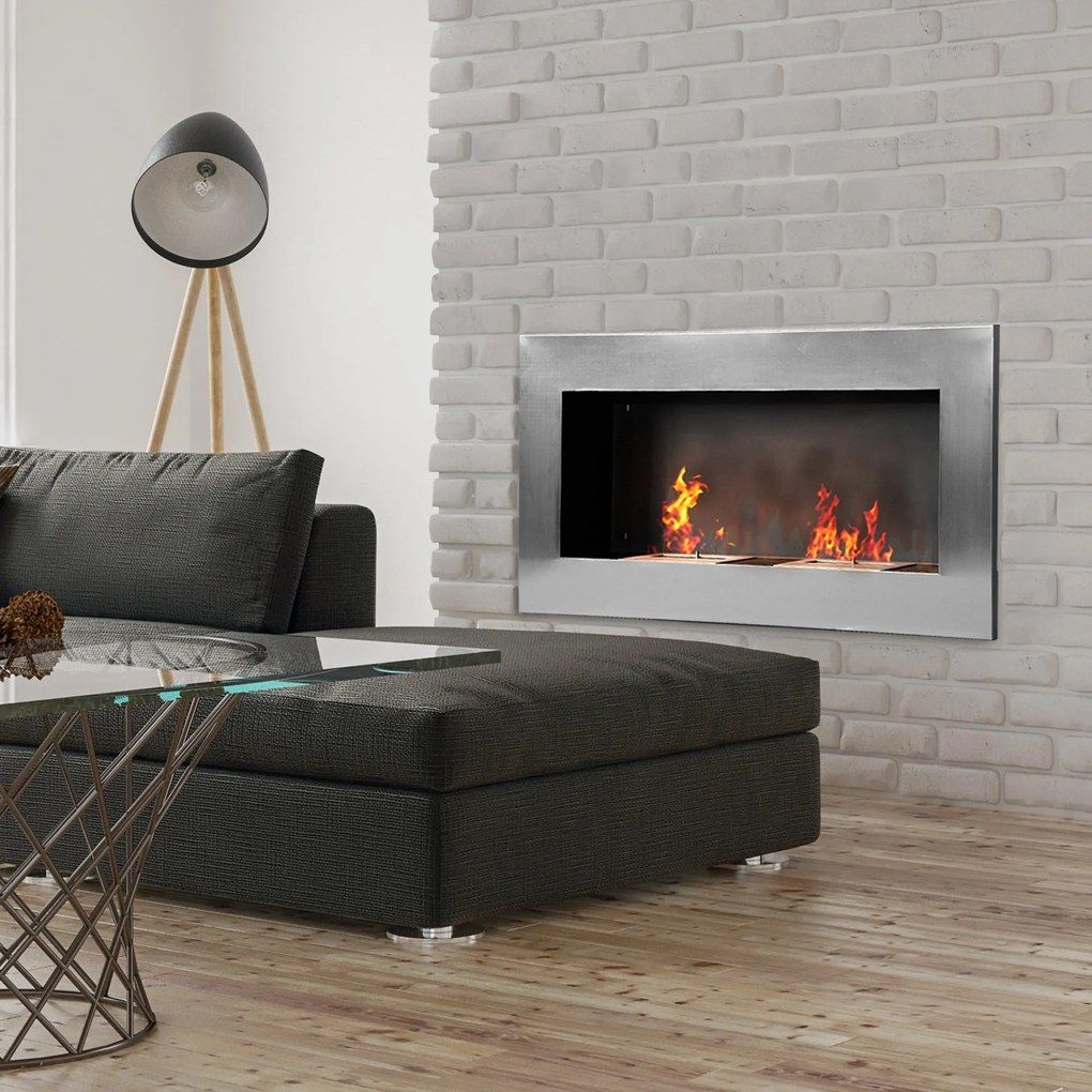 HOMCOM Fali Beépített Bioetanol Kandalló 2 x 0,9 L Égővel, körülbelül 3 órás égési idő 110L x 14W x 54H cm, 25-30 m² területhez, Rozsdamentes Acél | A