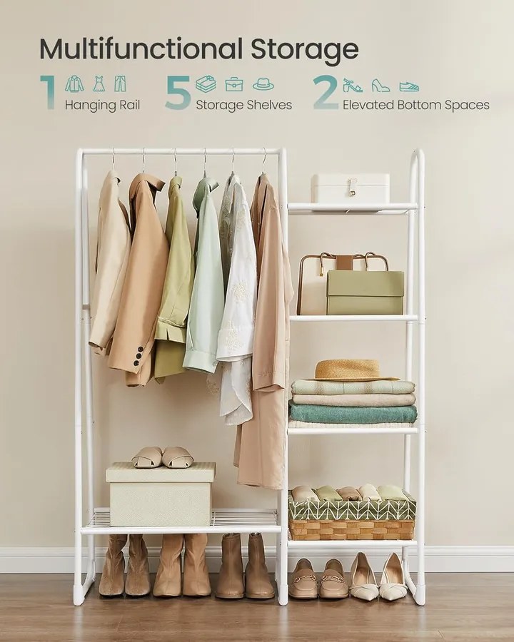 SONGMICS Ruhatartó állvány, ruharúddal és 5 tárolópolccal 40×101×153 cm, fehér