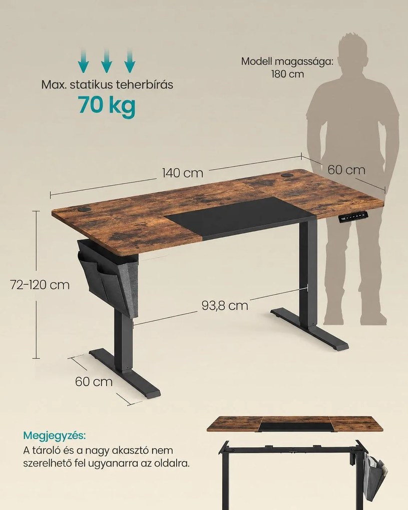 Elektromosan állítható magasságú íróasztal, 140 x 60 cm, 4 memóriahellyel, USB-C töltőporttal és tárolózsebbel, vintage barna és fekete