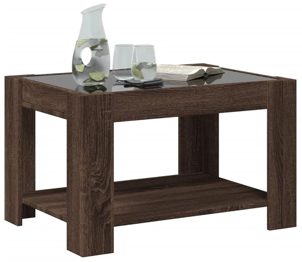 Barna tölgy szerelt fa dohányzóasztal LED-del 73 x 53 x 45 cm